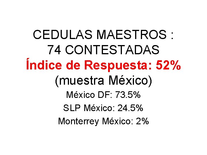 CEDULAS MAESTROS : 74 CONTESTADAS Índice de Respuesta: 52% (muestra México) México DF: 73.