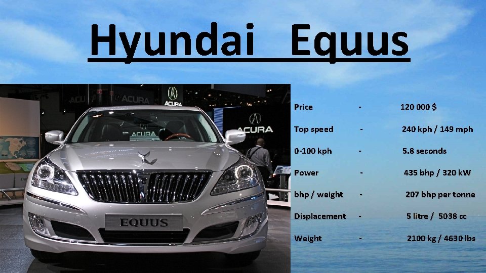 Hyundai Equus Price - 120 000 $ Top speed - 240 kph / 149 Hyundai Equus Price - 120 000 $ Top speed - 240 kph / 149