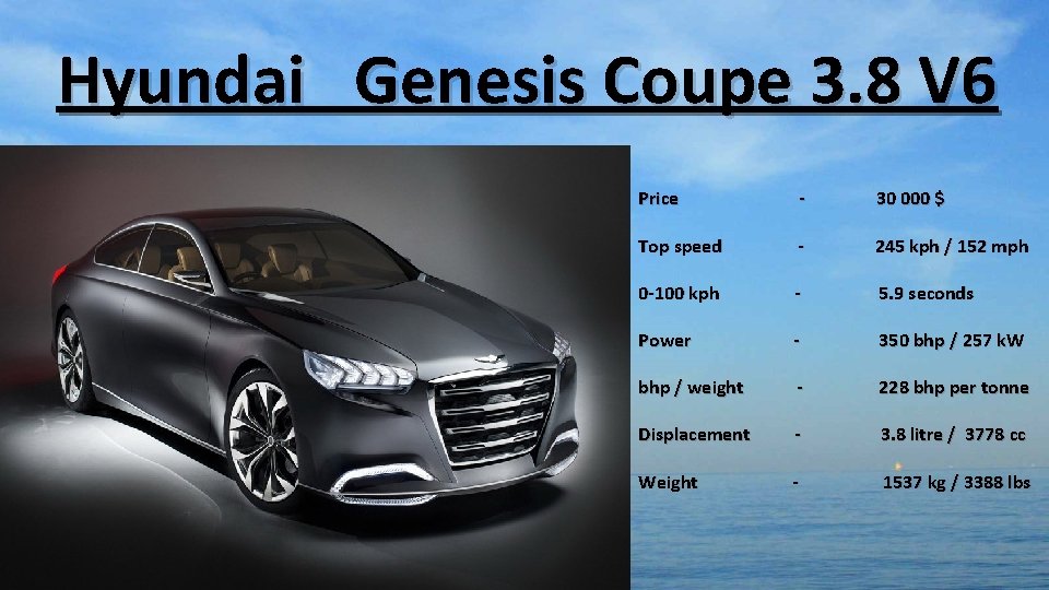 Hyundai Genesis Coupe 3. 8 V 6 Price - 30 000 $ Top speed