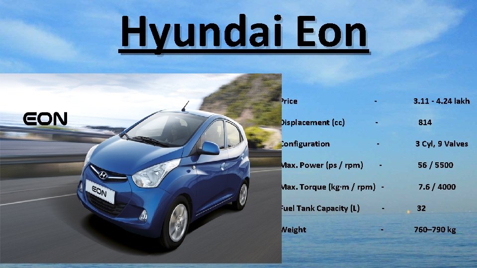 Hyundai Eon Price - 3. 11 - 4. 24 lakh Displacement (cc) - Configuration