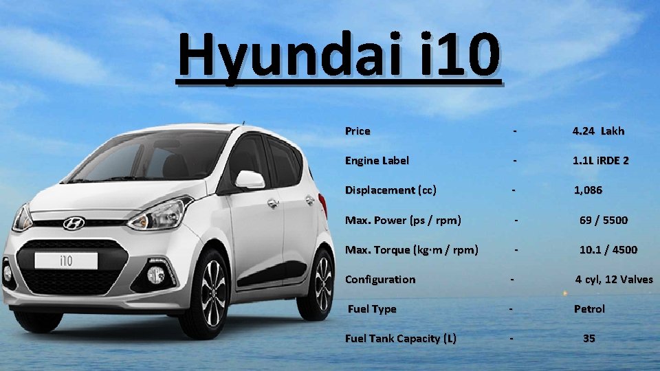 Hyundai i 10 Price - 4. 24 Lakh Engine Label - 1. 1 L