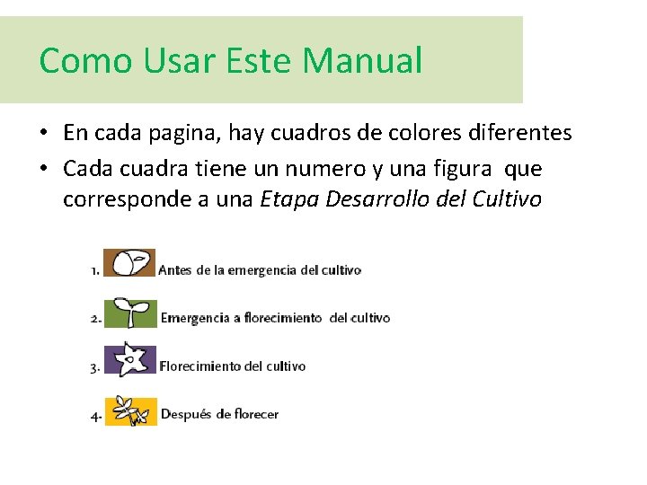 Como Usar Este Manual • En cada pagina, hay cuadros de colores diferentes •