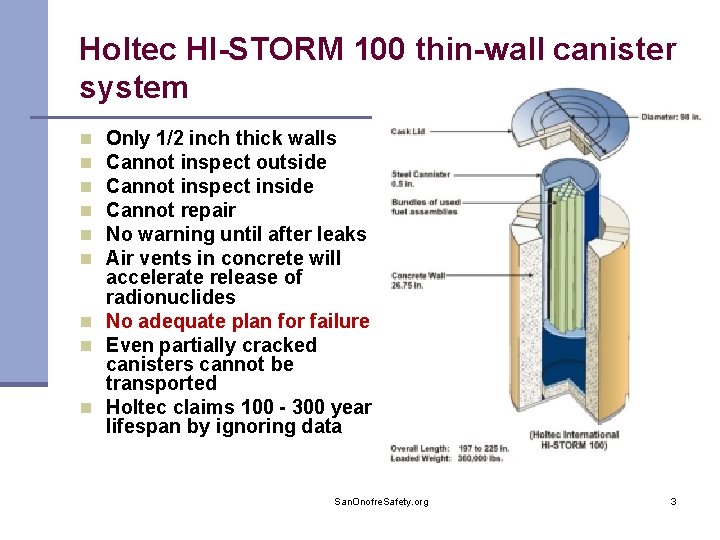 Holtec HI-STORM 100 thin-wall canister system Only 1/2 inch thick walls Cannot inspect outside