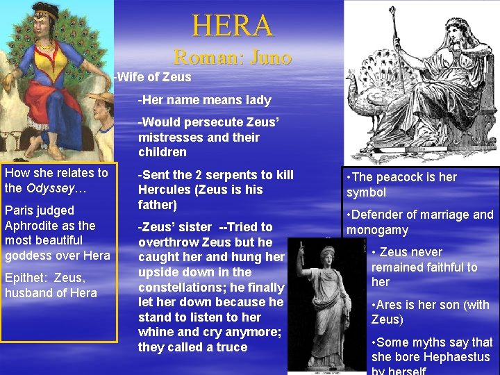 HERA Roman: Juno -Wife of Zeus -Her name means lady -Would persecute Zeus’ mistresses