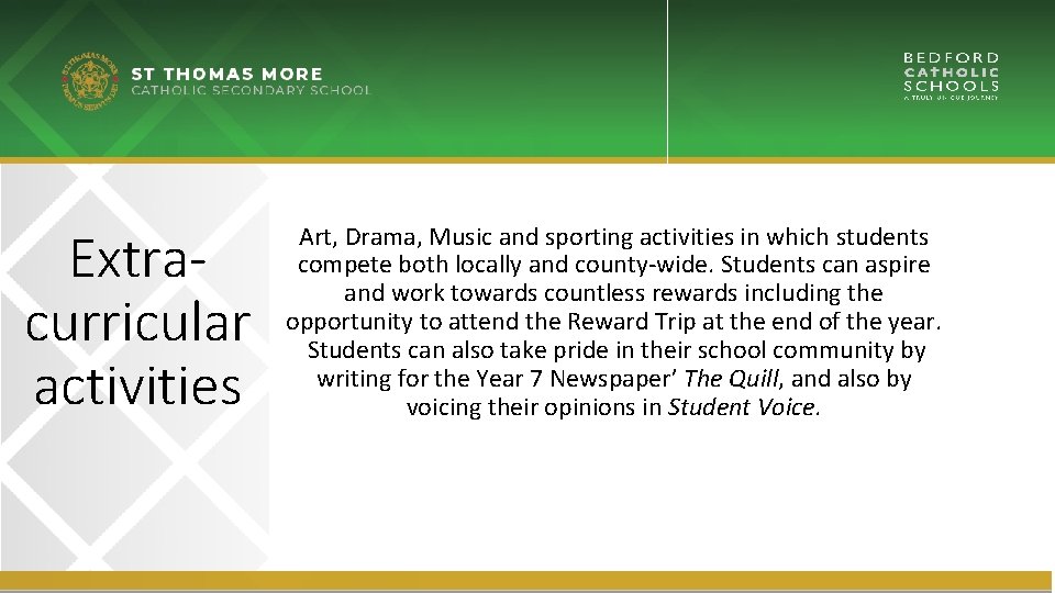 Extracurricular activities Art, Drama, Music and sporting activities in which students compete both locally