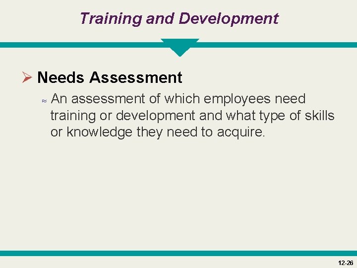 Training and Development Ø Needs Assessment ≈ An assessment of which employees need training