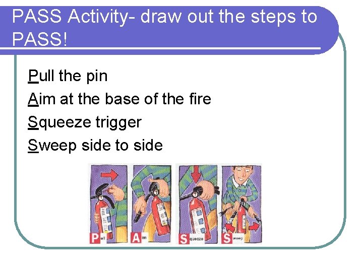 PASS Activity- draw out the steps to PASS! Pull the pin Aim at the PASS Activity- draw out the steps to PASS! Pull the pin Aim at the