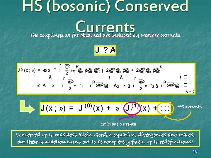 HS (bosonic) Conserved Currents The couplings so far obtained are induced by Noether currents HS (bosonic) Conserved Currents The couplings so far obtained are induced by Noether currents