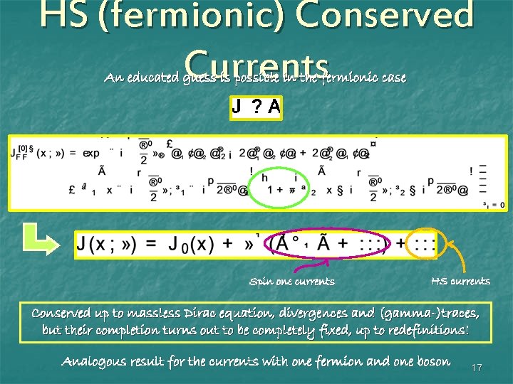 HS (fermionic) Conserved Currents An educated guess is possible in the fermionic case Spin HS (fermionic) Conserved Currents An educated guess is possible in the fermionic case Spin