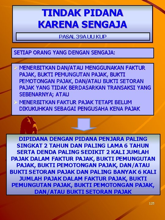 TINDAK PIDANA KARENA SENGAJA PASAL 39 A UU KUP SETIAP ORANG YANG DENGAN SENGAJA: