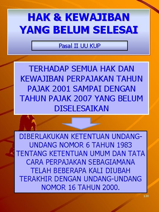 HAK & KEWAJIBAN YANG BELUM SELESAI Pasal II UU KUP TERHADAP SEMUA HAK DAN