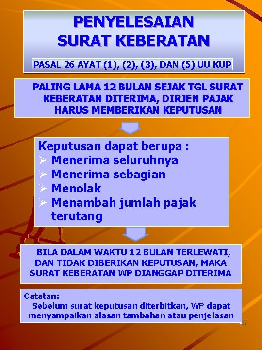 PENYELESAIAN SURAT KEBERATAN PASAL 26 AYAT (1), (2), (3), DAN (5) UU KUP PALING