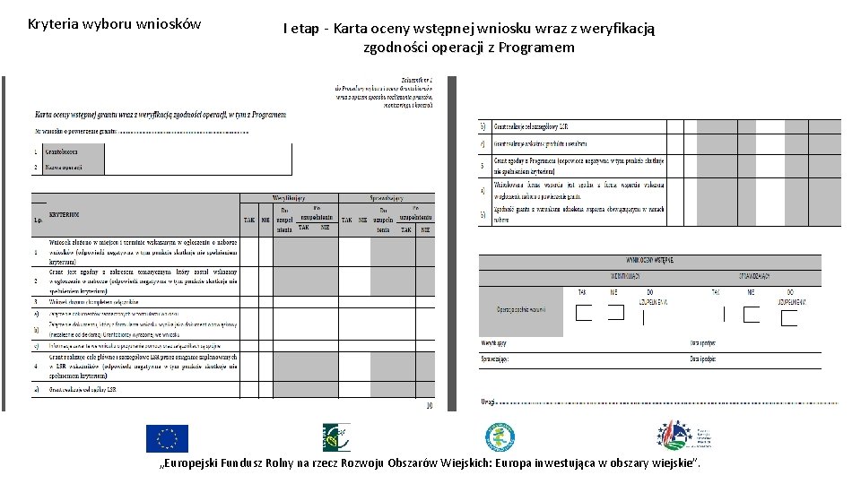 Kryteria wyboru wniosków I etap - I etap Karta oceny wstępnej wniosku wraz z