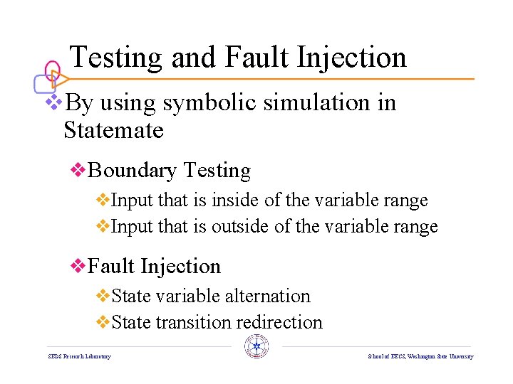 Testing and Fault Injection v. By using symbolic simulation in Statemate v. Boundary Testing