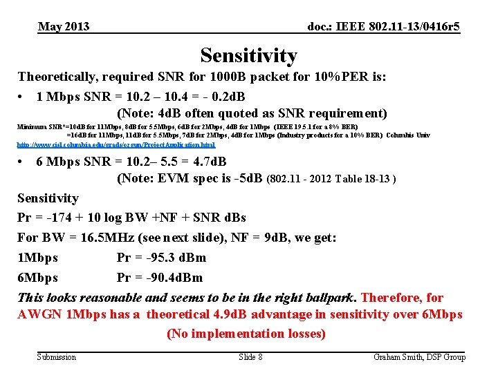 May 2013 doc. : IEEE 802. 11 -13/0416 r 5 Sensitivity Theoretically, required SNR