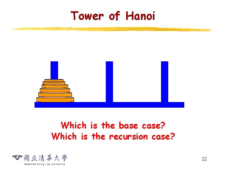 Tower of Hanoi Which is the base case? Which is the recursion case? 22 Tower of Hanoi Which is the base case? Which is the recursion case? 22