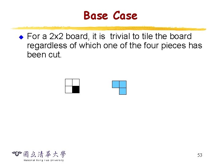 Base Case u For a 2 x 2 board, it is trivial to tile Base Case u For a 2 x 2 board, it is trivial to tile