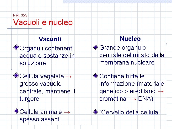 Pag. 35/2 Vacuoli e nucleo Vacuoli Organuli contenenti acqua e sostanze in soluzione Nucleo