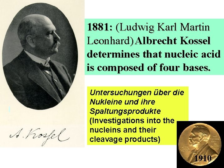 1881: (Ludwig Karl Martin Leonhard) Albrecht Kossel determines that nucleic acid is composed of