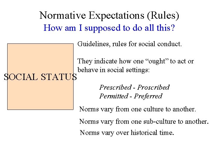 Normative Expectations (Rules) How am I supposed to do all this? Guidelines, rules for