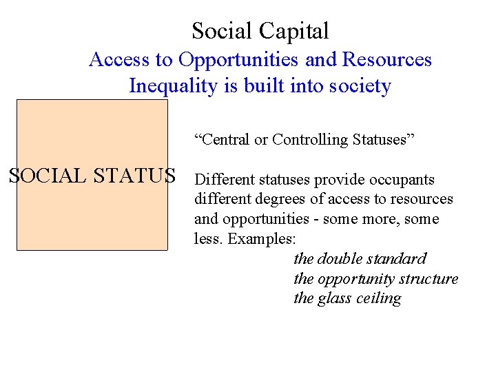 Social Capital Access to Opportunities and Resources Inequality is built into society “Central or