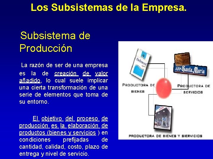 Los Subsistemas de la Empresa. Subsistema de Producción La razón de ser de una Los Subsistemas de la Empresa. Subsistema de Producción La razón de ser de una