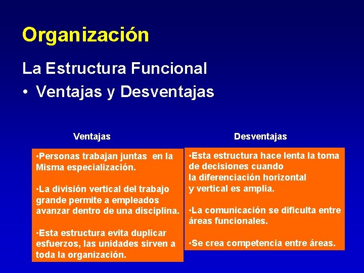 Organización La Estructura Funcional • Ventajas y Desventajas Ventajas • Personas trabajan juntas en Organización La Estructura Funcional • Ventajas y Desventajas Ventajas • Personas trabajan juntas en