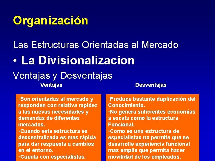 Organización Las Estructuras Orientadas al Mercado • La Divisionalizacion Ventajas y Desventajas Ventajas • Organización Las Estructuras Orientadas al Mercado • La Divisionalizacion Ventajas y Desventajas Ventajas •