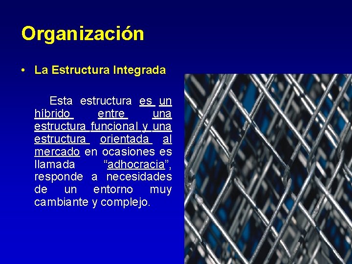 Organización • La Estructura Integrada Esta estructura es un híbrido entre una estructura funcional Organización • La Estructura Integrada Esta estructura es un híbrido entre una estructura funcional