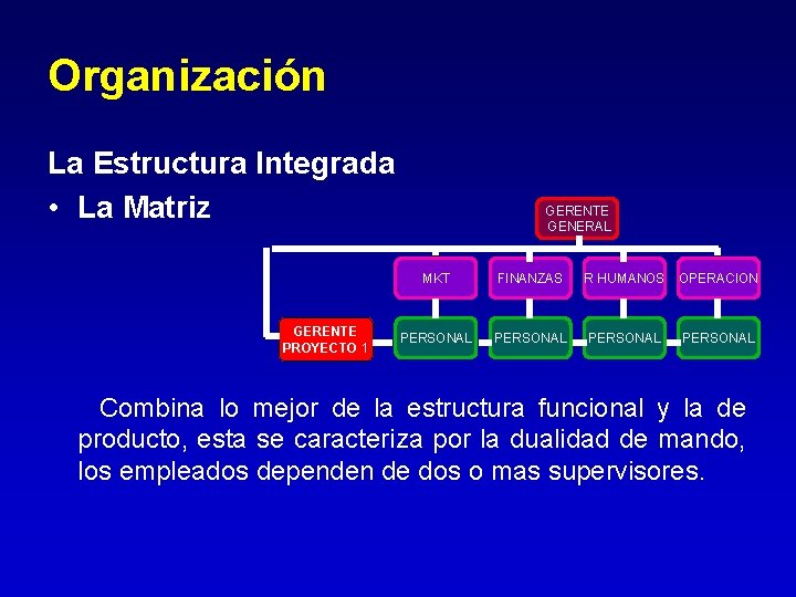 Organización La Estructura Integrada • La Matriz GERENTE PROYECTO 1 GERENTE GENERAL MKT FINANZAS Organización La Estructura Integrada • La Matriz GERENTE PROYECTO 1 GERENTE GENERAL MKT FINANZAS