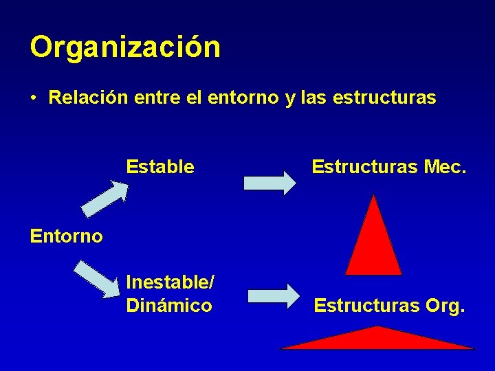 Organización • Relación entre el entorno y las estructuras Estable Estructuras Mec. Inestable/ Dinámico Organización • Relación entre el entorno y las estructuras Estable Estructuras Mec. Inestable/ Dinámico
