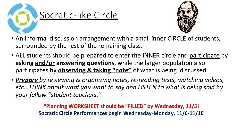 Socratic like Circle • An informal discussion arrangement with a small inner CIRCLE of