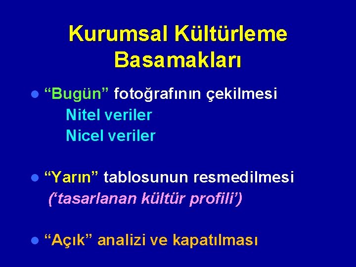 Kurumsal Kültürleme Basamakları l “Bugün” fotoğrafının çekilmesi Nitel veriler Nicel veriler l “Yarın” tablosunun