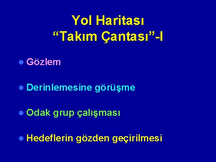 Yol Haritası “Takım Çantası”-I l Gözlem l Derinlemesine görüşme l Odak grup çalışması l