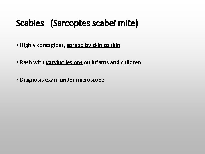 Scabies (Sarcoptes scabei mite) • Highly contagious, spread by skin to skin • Rash