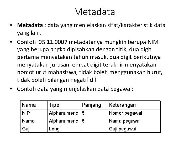 Metadata • Metadata : data yang menjelaskan sifat/karakteristik data yang lain. • Contoh 05.