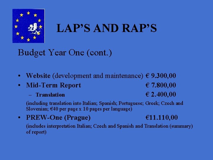 LAP’S AND RAP’S Budget Year One (cont. ) • Website (development and maintenance) €