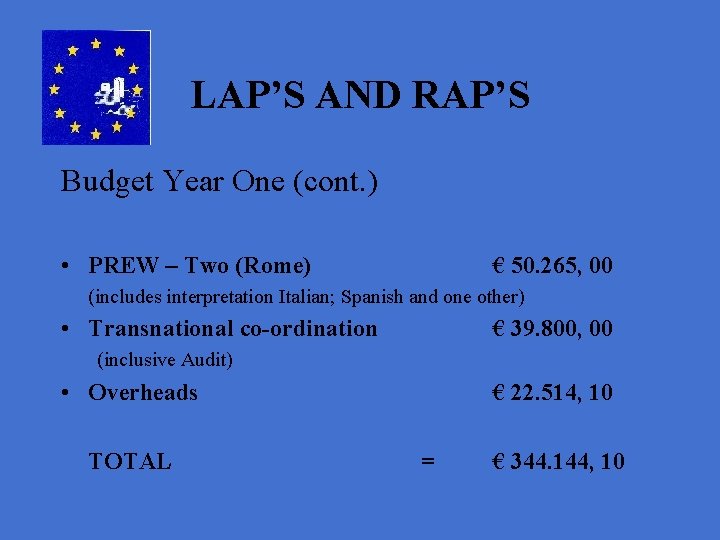 LAP’S AND RAP’S Budget Year One (cont. ) • PREW – Two (Rome) €