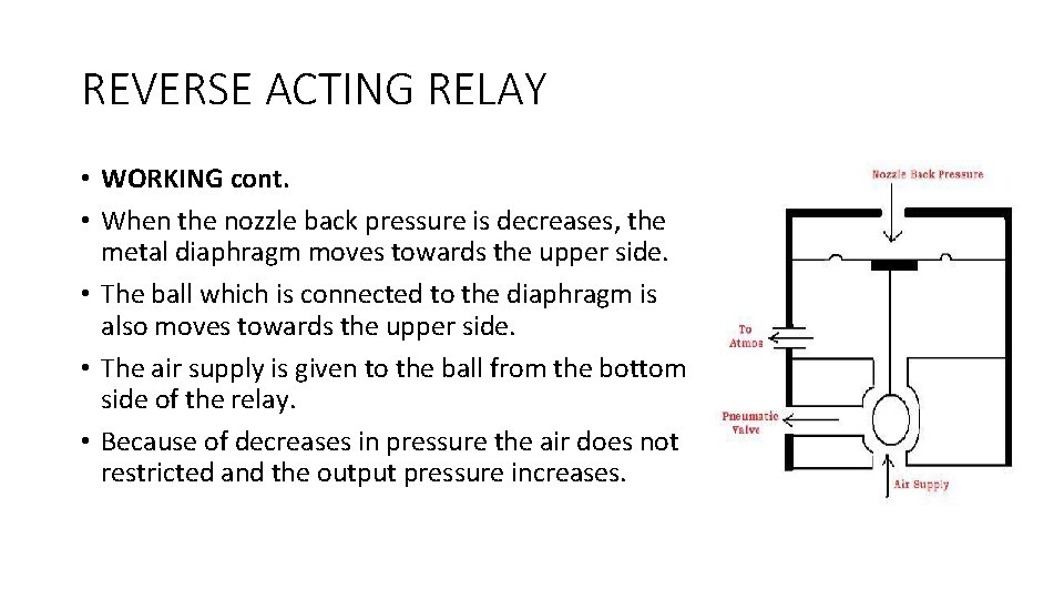 REVERSE ACTING RELAY • WORKING cont. • When the nozzle back pressure is decreases,