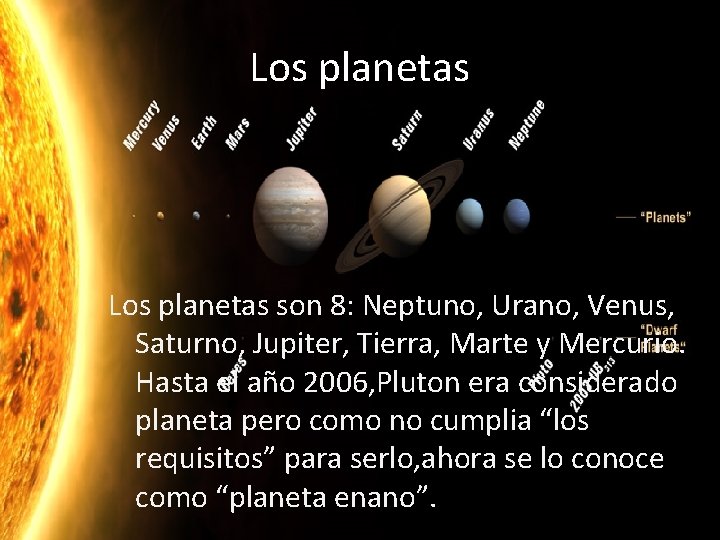 Los planetas son 8: Neptuno, Urano, Venus, Saturno, Jupiter, Tierra, Marte y Mercurio. Hasta