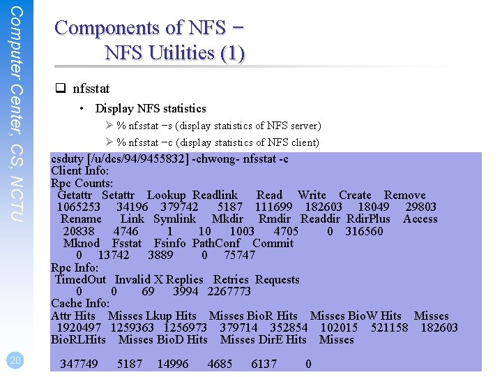 Computer Center, CS, NCTU 20 Components of NFS – NFS Utilities (1) q nfsstat