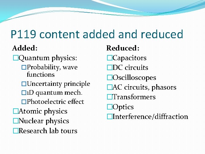 P 119 content added and reduced Added: �Quantum physics: �Probability, wave functions �Uncertainty principle