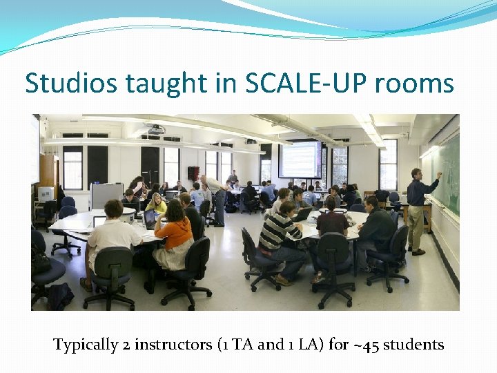 Studios taught in SCALE-UP rooms Typically 2 instructors (1 TA and 1 LA) for