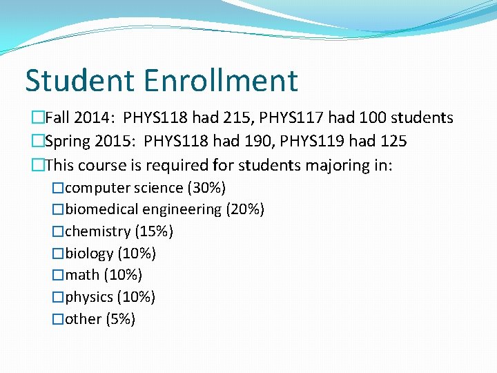 Student Enrollment �Fall 2014: PHYS 118 had 215, PHYS 117 had 100 students �Spring