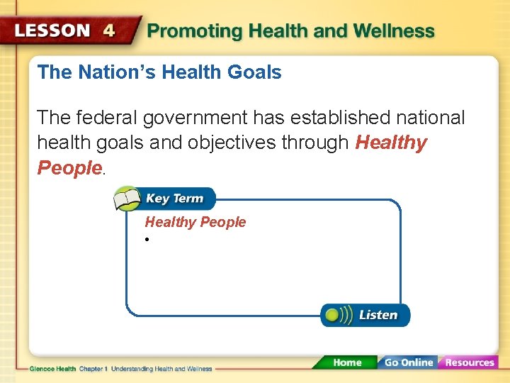 The Nation’s Health Goals The federal government has established national health goals and objectives