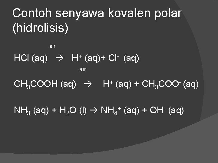 Contoh senyawa kovalen polar (hidrolisis) air HCl (aq) H+ (aq)+ Cl- (aq) air CH Contoh senyawa kovalen polar (hidrolisis) air HCl (aq) H+ (aq)+ Cl- (aq) air CH