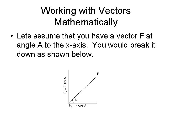 Working with Vectors Mathematically • Lets assume that you have a vector F at