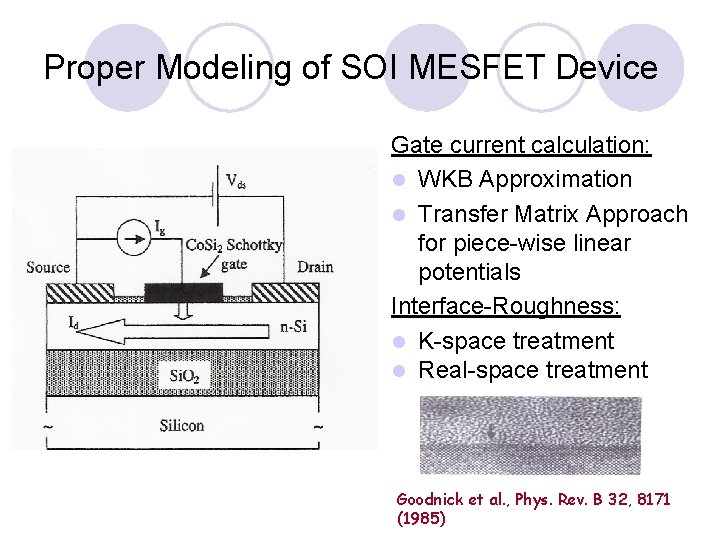 Proper Modeling of SOI MESFET Device Gate current calculation: l WKB Approximation l Transfer