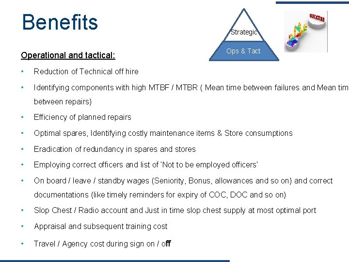 Benefits Operational and tactical: Strategic Ops & Tact • Reduction of Technical off hire