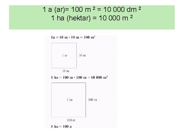 1 a (ar)= 100 m 2 = 10 000 dm 2 1 ha (hektar)